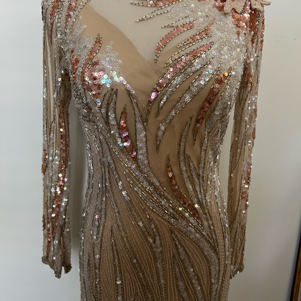 1990 Bob Mackie Boutique nude, silver beads & shiny sequin gown dress - Picture 14 of 16